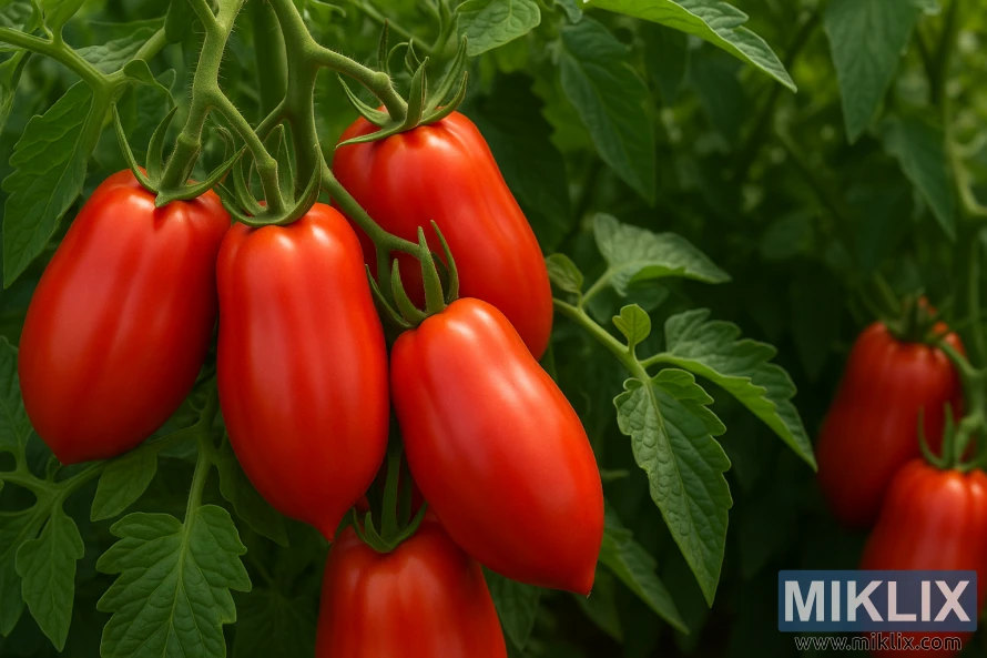 Cacho de tomates Amish Paste maduros pendurados na trepadeira entre folhas verdes. Cacho de tomates Amish Paste maduros pendurados na trepadeira entre folhas verdes.