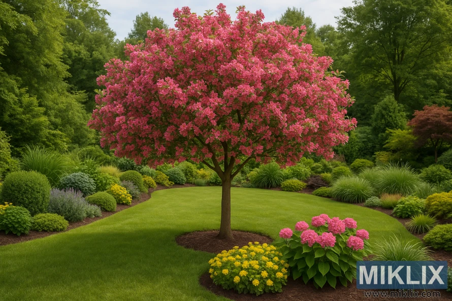 A vibrant crabapple tree in full bloom stands as the centerpiece of a landscaped garden with colorful shrubs, flowers, and manicured lawns under a soft cloudy sky. A vibrant crabapple tree in full bloom stands as the centerpiece of a landscaped garden with colorful shrubs, flowers, and manicured lawns under a soft cloudy sky.