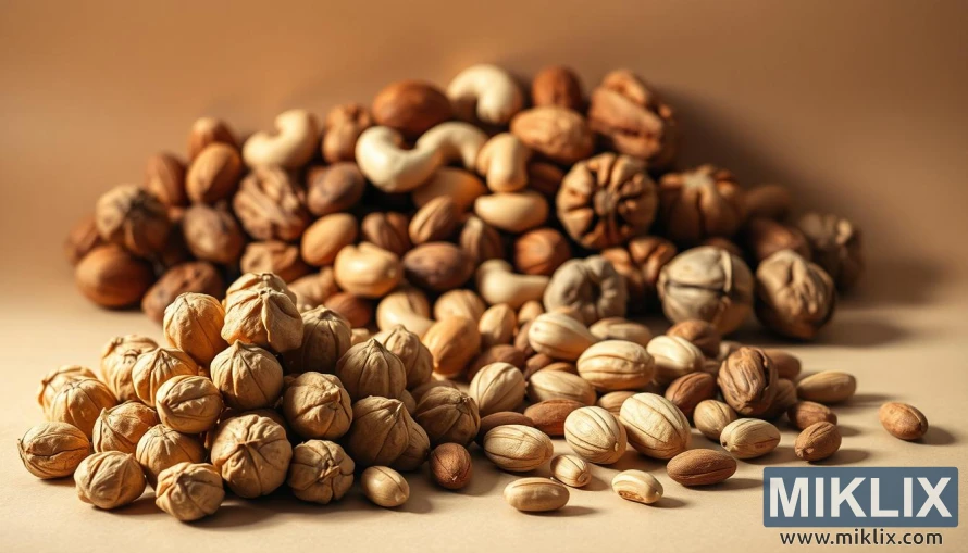 न्यानो प्रकाशमा तटस्थ पृष्ठभूमिमा बदाम, काजू र ओखरसहित ब्राजिल बदामको थुप्रो। न्यानो प्रकाशमा तटस्थ पृष्ठभूमिमा बदाम, काजू र ओखरसहित ब्राजिल बदामको थुप्रो।