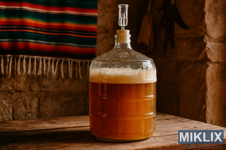 Stakleni demižon s fermentirajućim meksičkim lagerom na rustikalnom drvenom stolu u tradicionalnom meksičkom okruženju domaćeg pivarstva