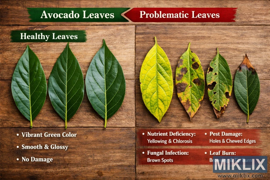 Side-by-side comparison of healthy avocado leaves and leaves showing nutrient deficiency, fungal spots, pest damage, and leaf burn on a wooden background.