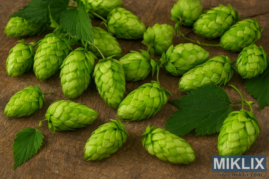 Krupni plan svježih češera i lišća hmelja Amarillo na rustikalnom drvenom stolu