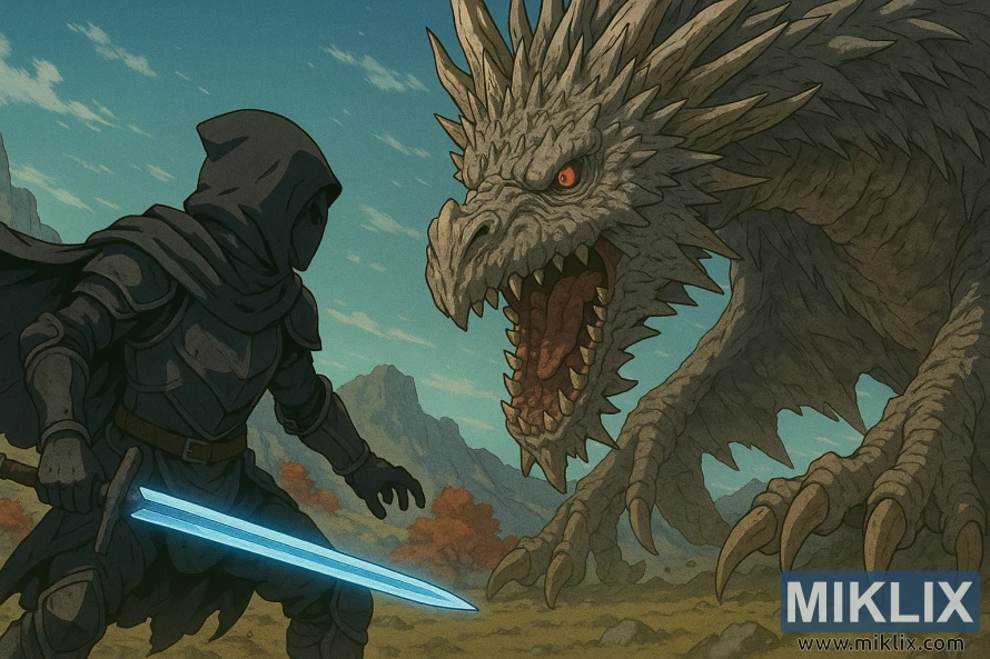 Anime-style illustration of a Tarnished in Black Knife armor facing Elder Dragon Greyoll in the Dragonbarrow of Elden Ring.