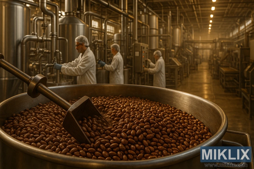 Industrielt sjokolademaltanlegg med steketrommel, arbeidere, kar og transportører i varmt lys.