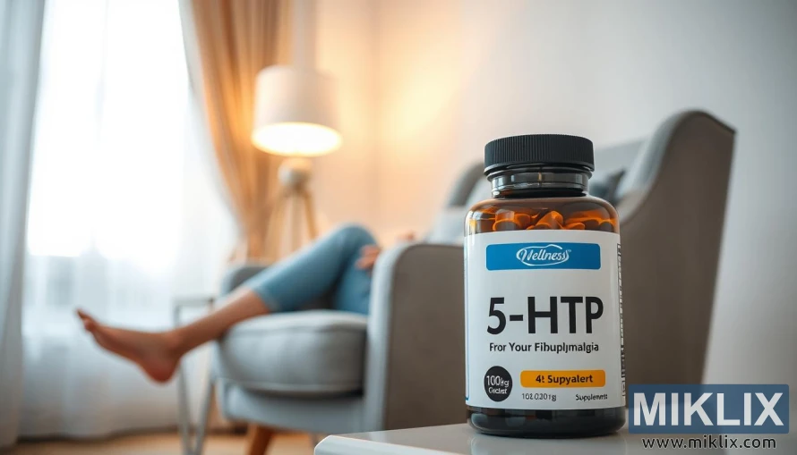 5-HTP की खुराक की बोतल, गर्म लैंप की रोशनी और आराम कर रहे व्यक्ति के साथ आरामदायक मंद कमरे में।