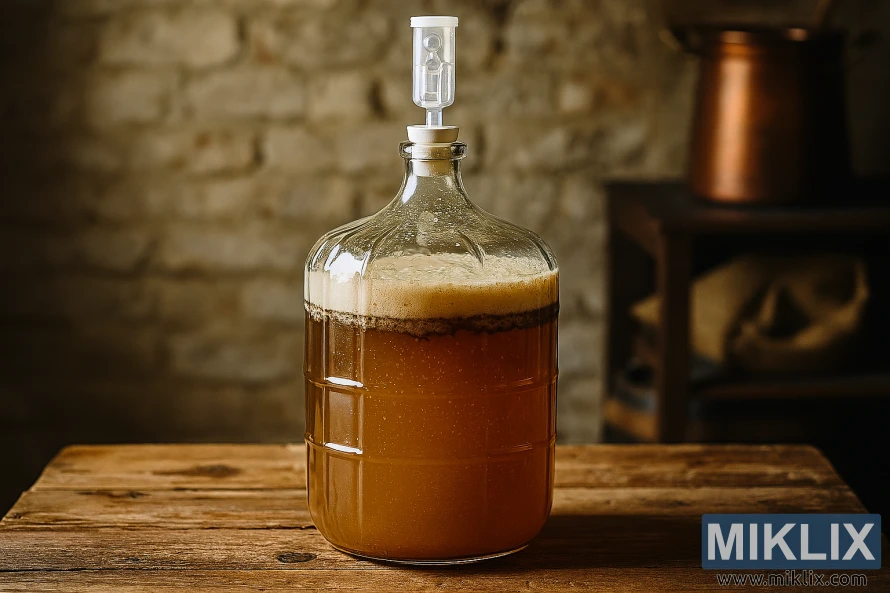 Glass carboy with actively fermenting amber beer on a rustic wooden table, airlock fitted, warm light, blurred brick and copper kettle.