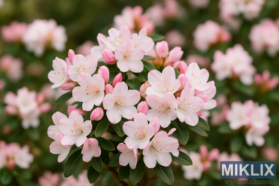 Close-up of Ginny Gee dwarf rhododendron with white and pink star-like blossoms. Close-up of Ginny Gee dwarf rhododendron with white and pink star-like blossoms.