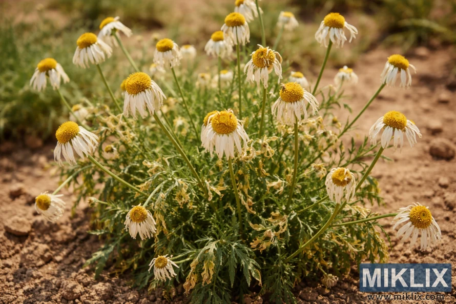Chamomile plant with drooping white flowers and yellow centers growing in dry soil, showing clear signs of heat stress under strong sunlight.