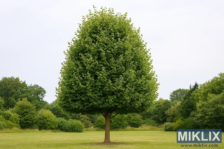 Kompakt litenbladlinde med tett grønt løvverk i en anlagt hage under mykt ettermiddagslys