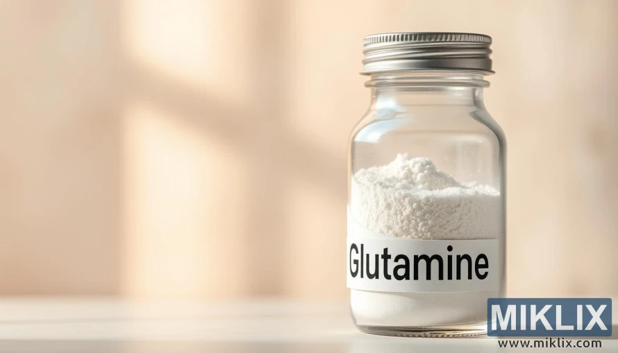 Krupni plan staklene boce s oznakom Glutamine, napunjene kristalnim prahom, pri mekom osvjetljenju. Krupni plan staklene boce s oznakom Glutamine, napunjene kristalnim prahom, pri mekom osvjetljenju.