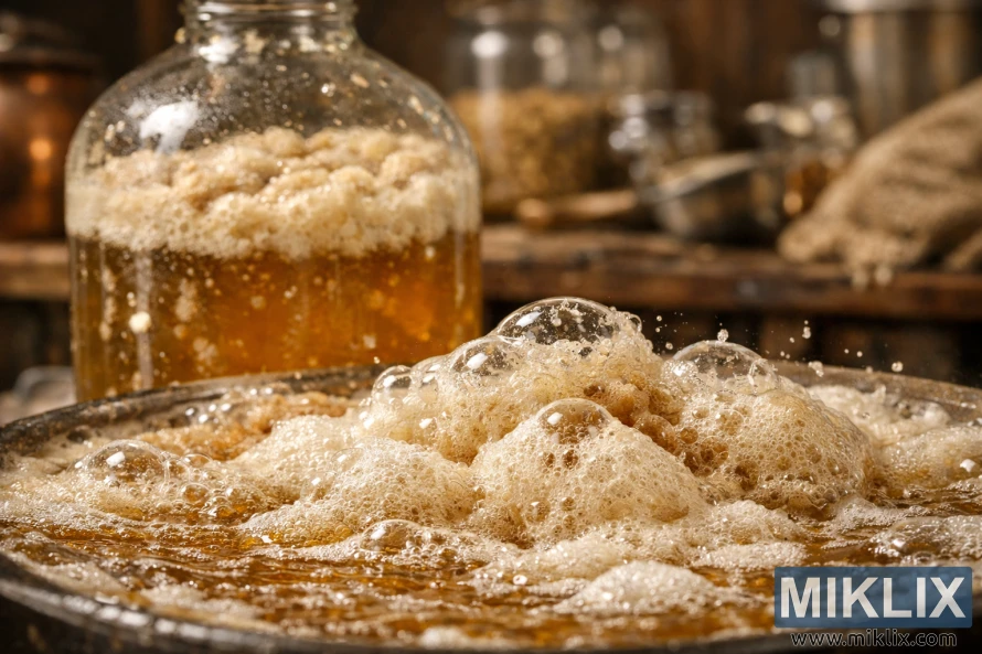 Burbuliuojančio alaus fermentacijos indo stambus planas su putojančiomis putomis, auksiniu skysčiu ir švelniai neryškiu kaimišku alaus darymo fonu.