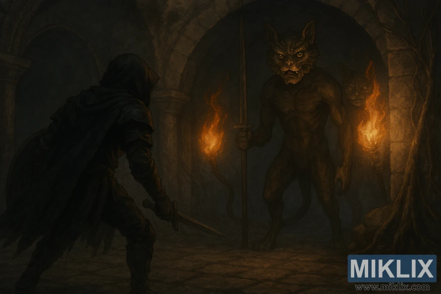 Fan art semi-realistica dell'armatura Tarnished in Black Knife che affronta due Erdtree Burial Watchdogs in una catacomba buia.