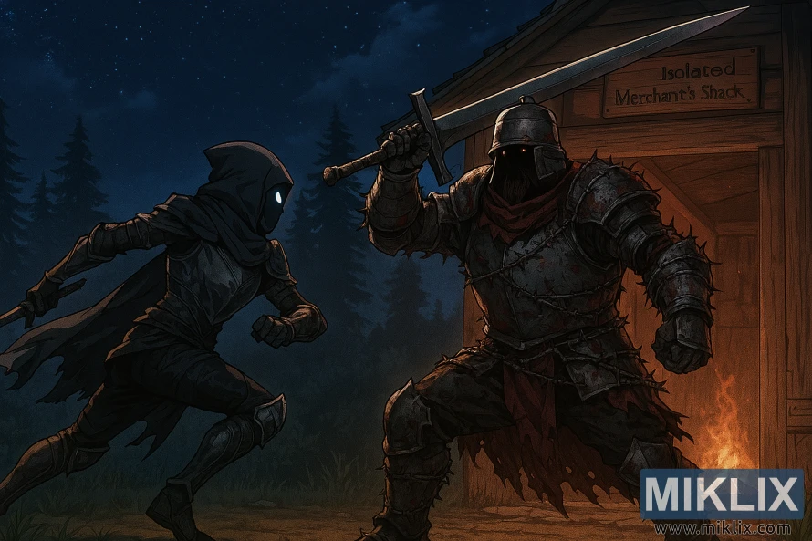 Anime-style battle between Tarnished and Bell-Bearing Hunter at Isolated Merchant's Shack Anime-style battle between Tarnished and Bell-Bearing Hunter at Isolated Merchant's Shack