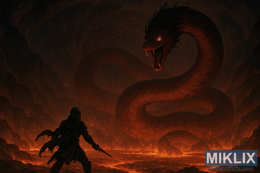 Ərimiş lava ilə işıqlandırılmış geniş vulkanik mağarada nəhəng ilanın qarşısında xəncərlə dayanmış tənha.