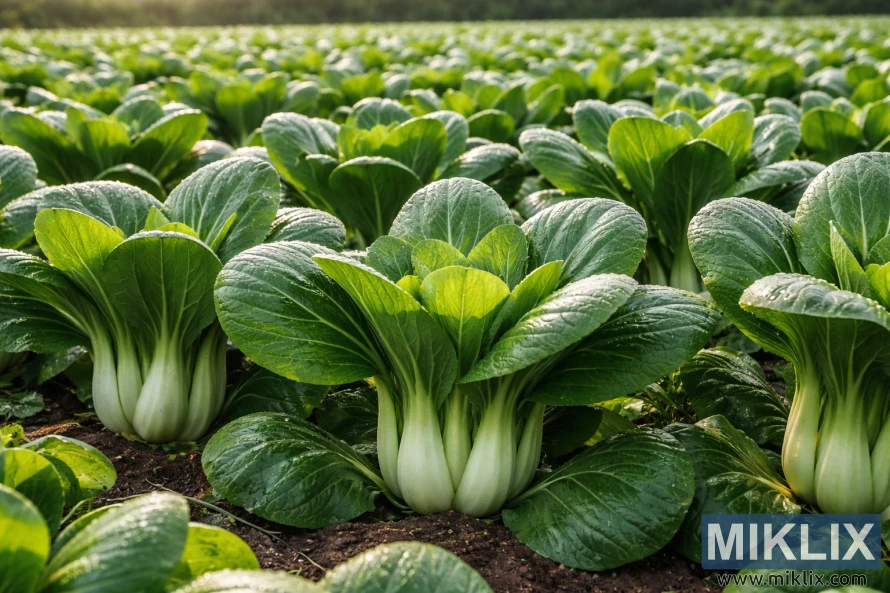 Rader med modne bok choy-planter med livlige grønne blader og tykke, bleke stilker som vokser i et dyrket jorde under mykt, naturlig lys. Rader med modne bok choy-planter med livlige grønne blader og tykke, bleke stilker som vokser i et dyrket jorde under mykt, naturlig lys.