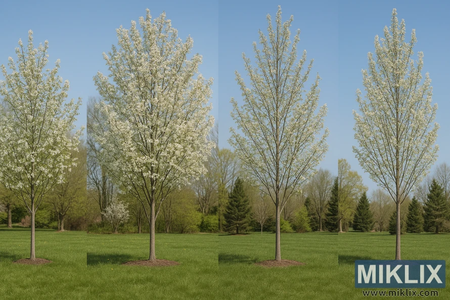 Four serviceberry trees of different varieties in full bloom, displayed side by side in a grassy park under a clear blue sky. Four serviceberry trees of different varieties in full bloom, displayed side by side in a grassy park under a clear blue sky.
