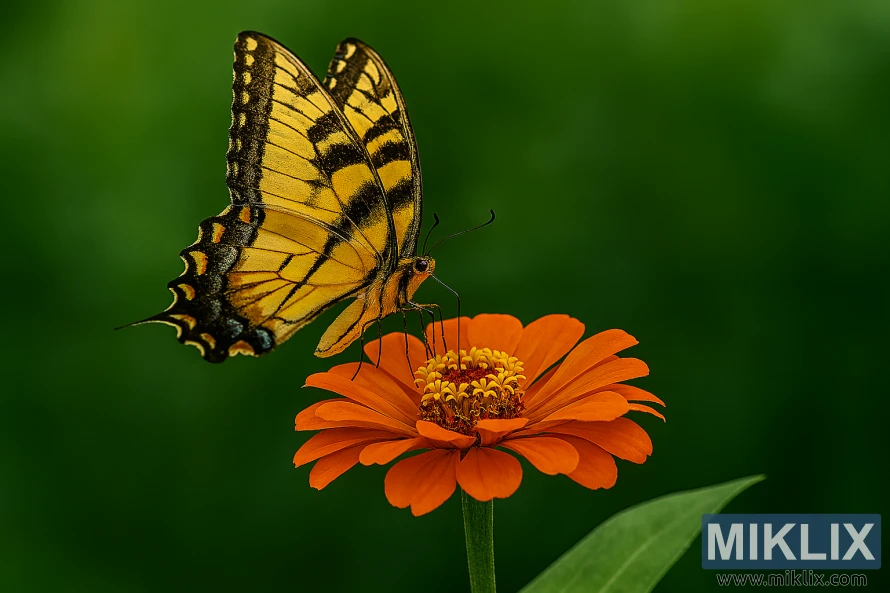 De oostelijke tijgerzwaluwstaartvlinder zit op een feloranje zinniabloem met groen blad op de achtergrond De oostelijke tijgerzwaluwstaartvlinder zit op een feloranje zinniabloem met groen blad op de achtergrond