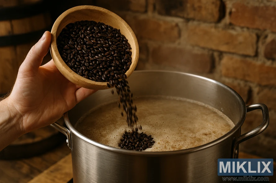 Krupni plan oljuštenog Carafa slada koji se ulijeva u lonac za slađenje od nehrđajućeg čelika u rustikalnom kućnom pivarskom okruženju