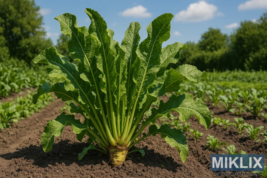 Horseradish plant with lush green leaves growing in a well-kept vegetable garden on a sunny day