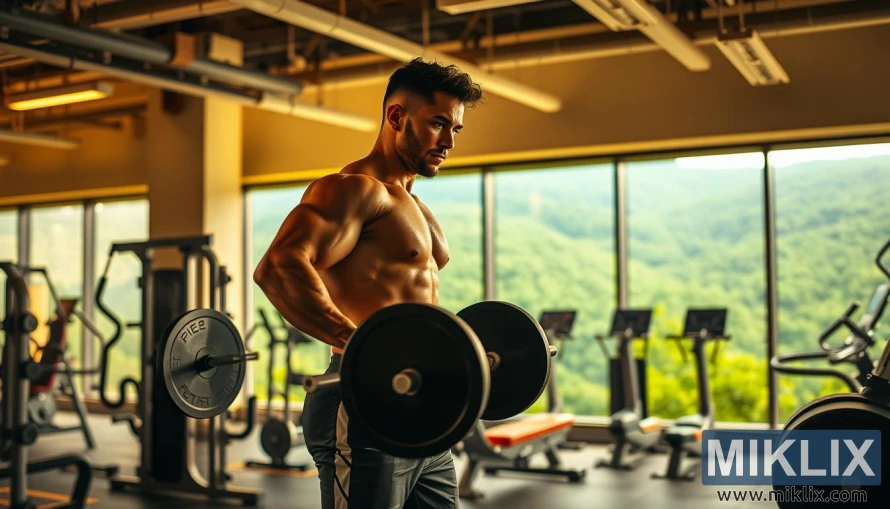 სპორტსმენი შტანგას წევს თანამედროვე სპორტდარბაზში, ოქროსფერი შუქითა და თვალწარმტაცი ხედით ფანჯრიდან.