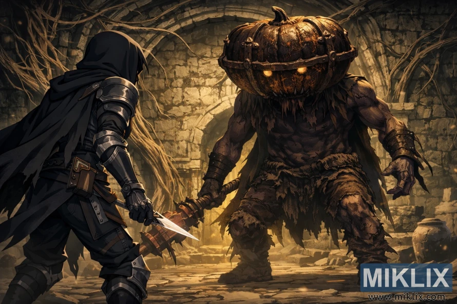 Anime style fan art of a Tarnished in black armor cautiously approaching the Mad Pumpkin Head boss inside ruined stone chambers just before battle.
