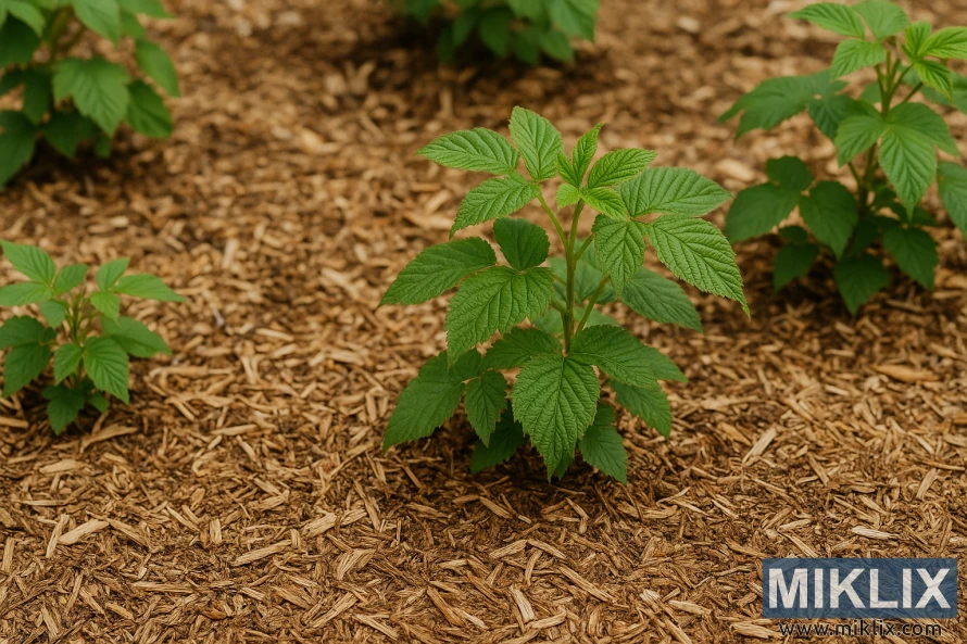 Raspberry plants growing in a garden bed covered with wood mulch to retain soil moisture and suppress weeds.