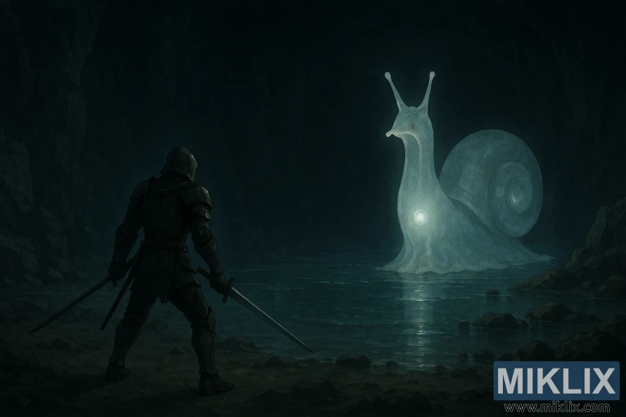 Une scène de dark fantasy montrant un guerrier en armure face à un escargot spectral lumineux dans une caverne. Une scène de dark fantasy montrant un guerrier en armure face à un escargot spectral lumineux dans une caverne.