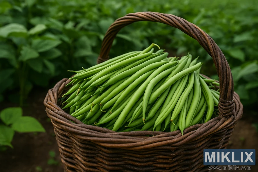 Wicker basket filled with fresh green beans in a lush garden setting Wicker basket filled with fresh green beans in a lush garden setting