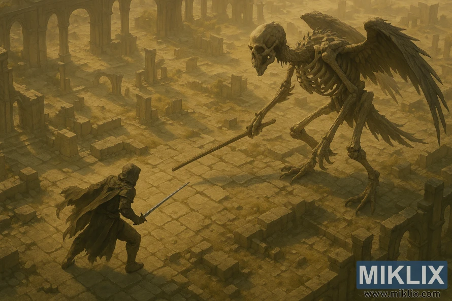 A cloaked Tarnished in dark armor faces a towering skeletal Deathbird with a cane on broken stone ruins viewed from an elevated angle. A cloaked Tarnished in dark armor faces a towering skeletal Deathbird with a cane on broken stone ruins viewed from an elevated angle.
