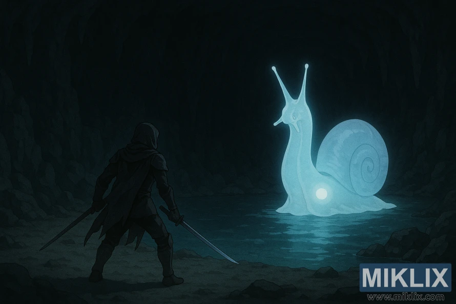 Paysage de style anime représentant un guerrier du Couteau Noir faisant face à l'Escargot Invocateur d'Esprits lumineux dans une caverne obscure. Paysage de style anime représentant un guerrier du Couteau Noir faisant face à l'Escargot Invocateur d'Esprits lumineux dans une caverne obscure.