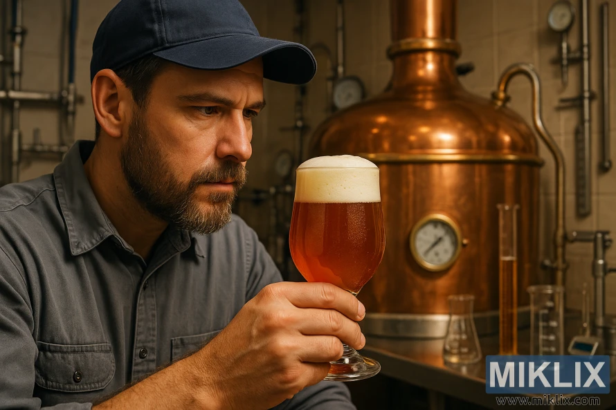 Brewer na sinusuri ang amber craft beer na may mabula na ulo sa harap ng copper brew kettle. Brewer na sinusuri ang amber craft beer na may mabula na ulo sa harap ng copper brew kettle.