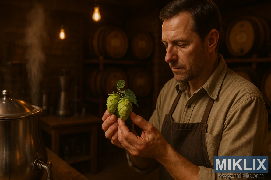 Brewmaster သည် ပူနွေးသောအလင်းရောင်တွင် ရေနွေးငွေ့ထည့်ထားသော stainless steel ချက်ထားသော ရေနွေးအိုးဘေးရှိ Cluster hop များကို စစ်ဆေးနေသည်။ Brewmaster သည် ပူနွေးသောအလင်းရောင်တွင် ရေနွေးငွေ့ထည့်ထားသော stainless steel ချက်ထားသော ရေနွေးအိုးဘေးရှိ Cluster hop များကို စစ်ဆေးနေသည်။