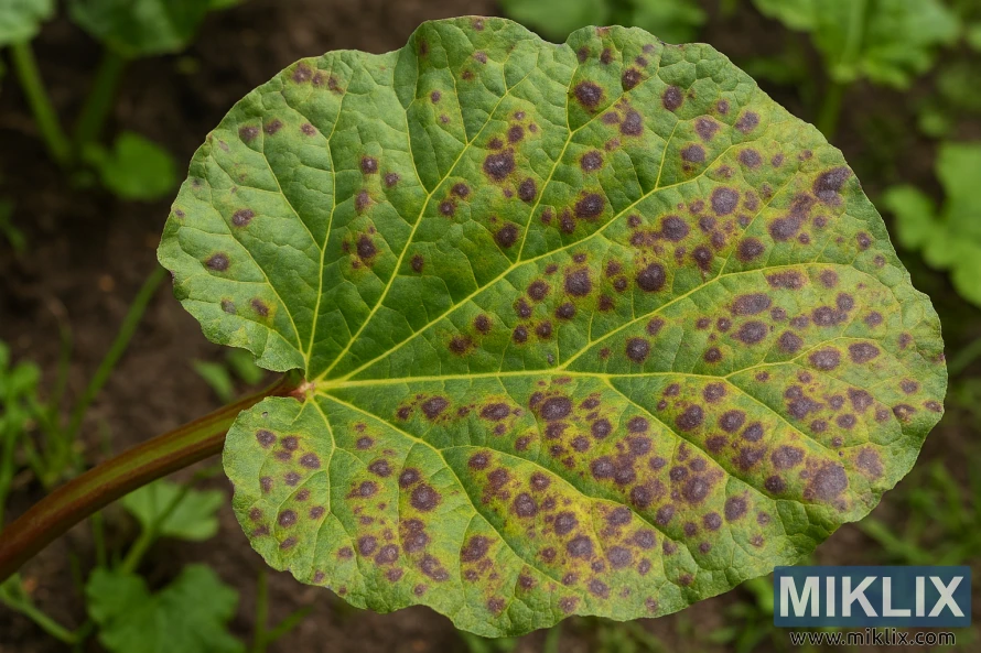 Close-up of a rhubarb leaf showing signs of leaf spot disease with dark spots and yellowing Close-up of a rhubarb leaf showing signs of leaf spot disease with dark spots and yellowing