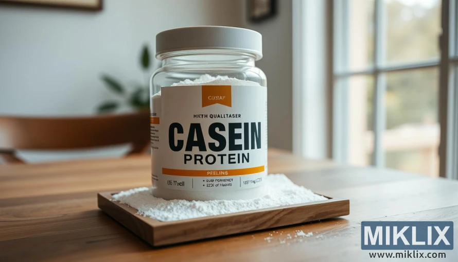 Glass jar of casein protein powder on a wooden table with natural lighting. Glass jar of casein protein powder on a wooden table with natural lighting.