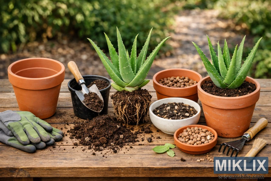 Step-by-step repotting process of an aloe vera plant shown on a wooden table with pots, soil, tools, and the plant before and after repotting. Step-by-step repotting process of an aloe vera plant shown on a wooden table with pots, soil, tools, and the plant before and after repotting.