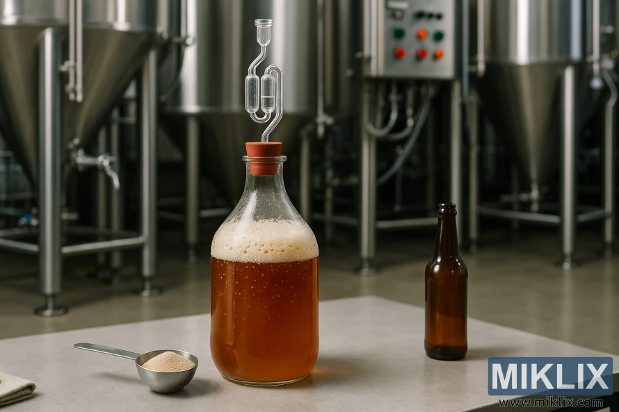 আধুনিক ব্রুয়ারিতে শুকনো ইস্ট স্কুপের পাশে ক্রাউসেন এবং এয়ারলক সহ অ্যাম্বার বিয়ারের কাঁচের কার্বয়।