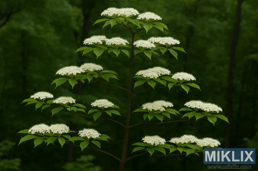 Un sanguinyol pagoda que mostra branques horitzontals esglaonades cobertes de raïms de flors blanques sobre un fons de bosc verd exuberant.