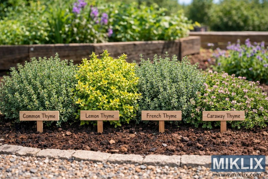 Common thyme, lemon thyme, French thyme, and caraway thyme growing side by side in a neat herb garden on a sunny summer day with labeled wooden signs.