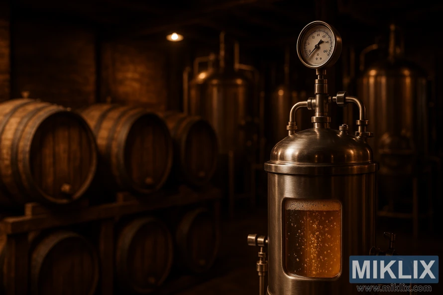 스테인리스 스틸 압력 용기, 발효 중인 라거 맥주, 그리고 배경에 늘어선 나무 통이 특징인 희미하게 밝혀진 소박한 양조장입니다. 스테인리스 스틸 압력 용기, 발효 중인 라거 맥주, 그리고 배경에 늘어선 나무 통이 특징인 희미하게 밝혀진 소박한 양조장입니다.
