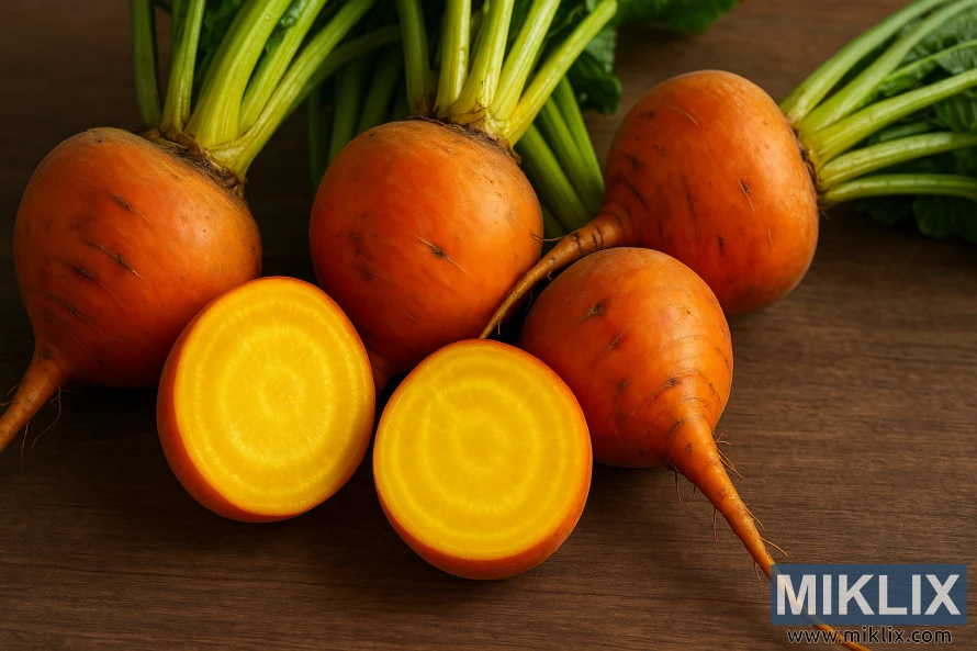 Буряк сорту «Золотий хлопчик» на дерев'яній поверхні, два з яких розрізані, щоб показати їхню яскраво-жовту серединку. Буряк сорту «Золотий хлопчик» на дерев'яній поверхні, два з яких розрізані, щоб показати їхню яскраво-жовту серединку.