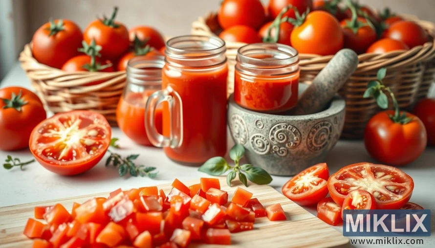 Sliced, diced, and whole tomatoes with juice and pulp in a rustic still life setting. Sliced, diced, and whole tomatoes with juice and pulp in a rustic still life setting.