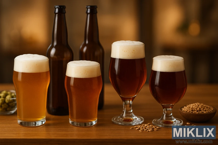 Ponuda pjenastih jantarnih piva kuhanih sa sladom Golden Promise na drvenom stolu sa sladom i hmeljem.