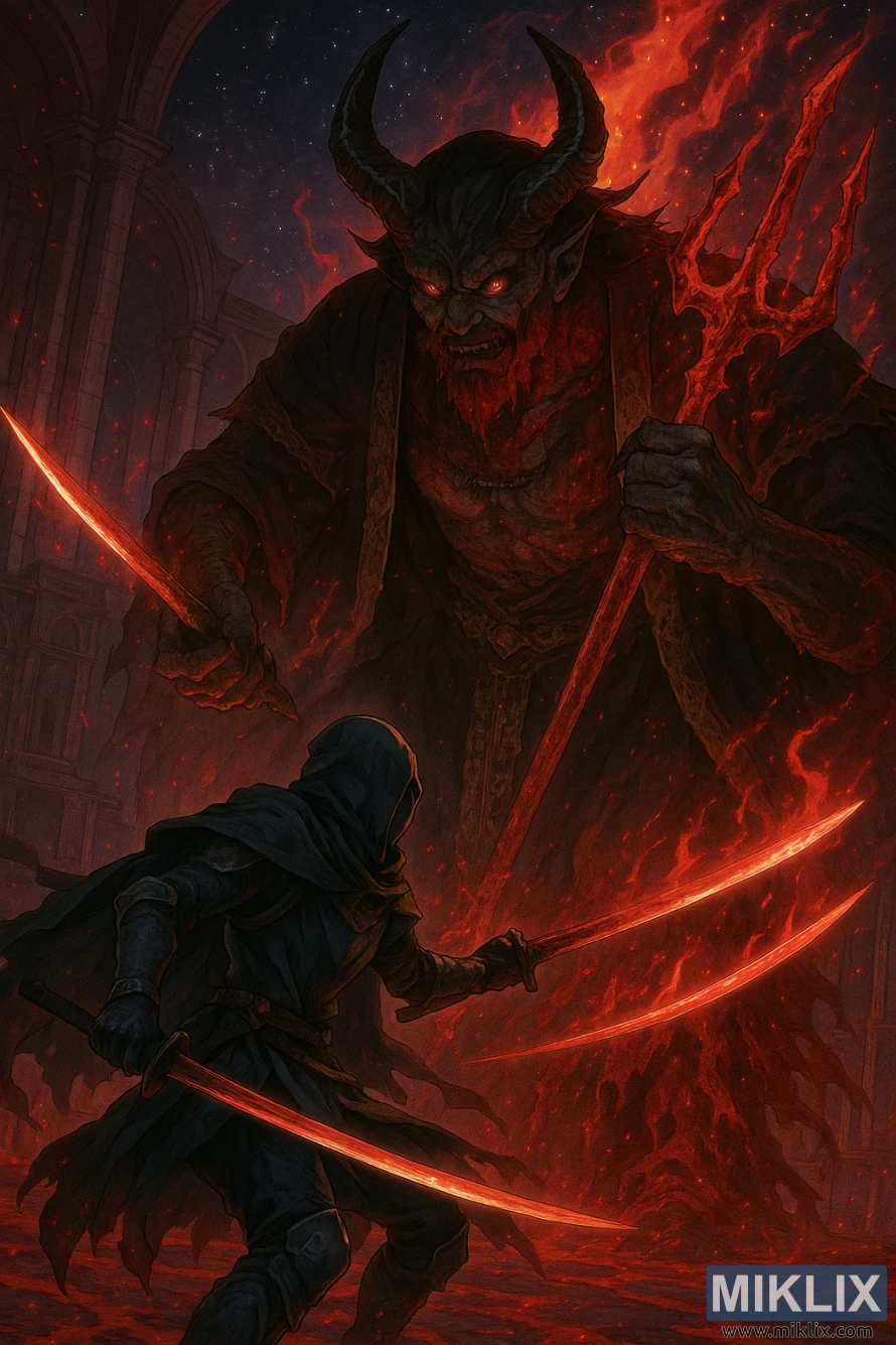 An anime-style warrior in Black Knife armor wielding twin katanas faces Mohg, Lord of Blood, amid crimson flame in Mohgwyn Palace. An anime-style warrior in Black Knife armor wielding twin katanas faces Mohg, Lord of Blood, amid crimson flame in Mohgwyn Palace.