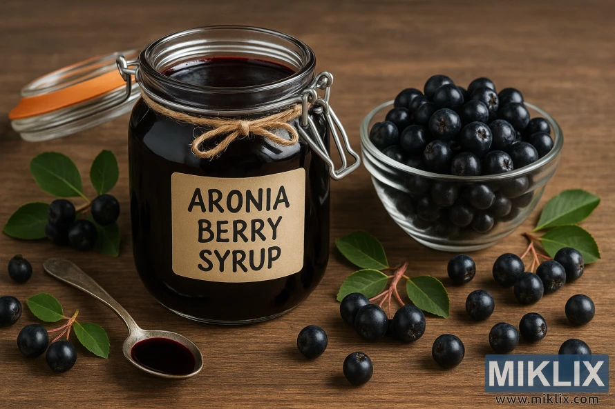 En burk hemlagad aroniabärssirap på ett träbord med färska bär och blad runtomkring. En burk hemlagad aroniabärssirap på ett träbord med färska bär och blad runtomkring.