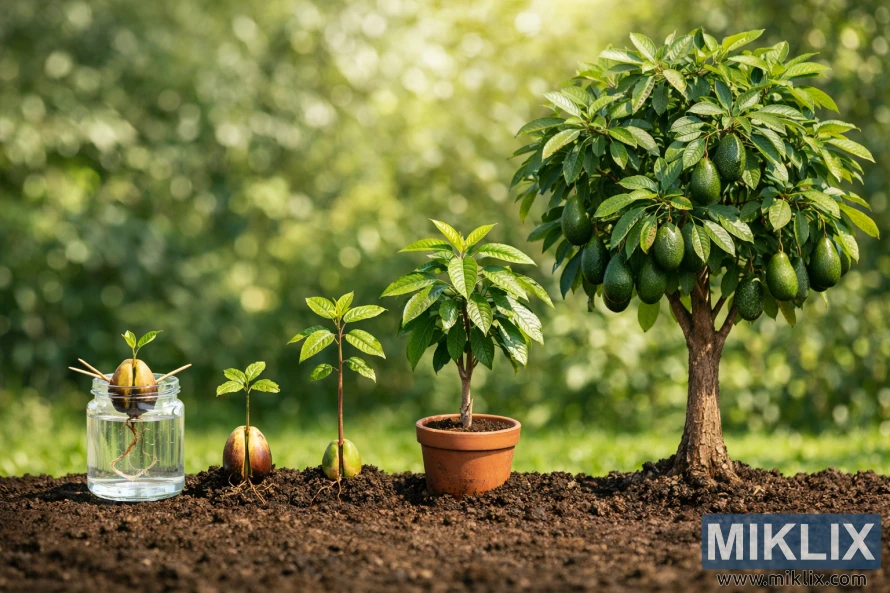 Avocado plant growth stages shown from seed in water through seedlings to a mature fruit-bearing tree in a garden setting.