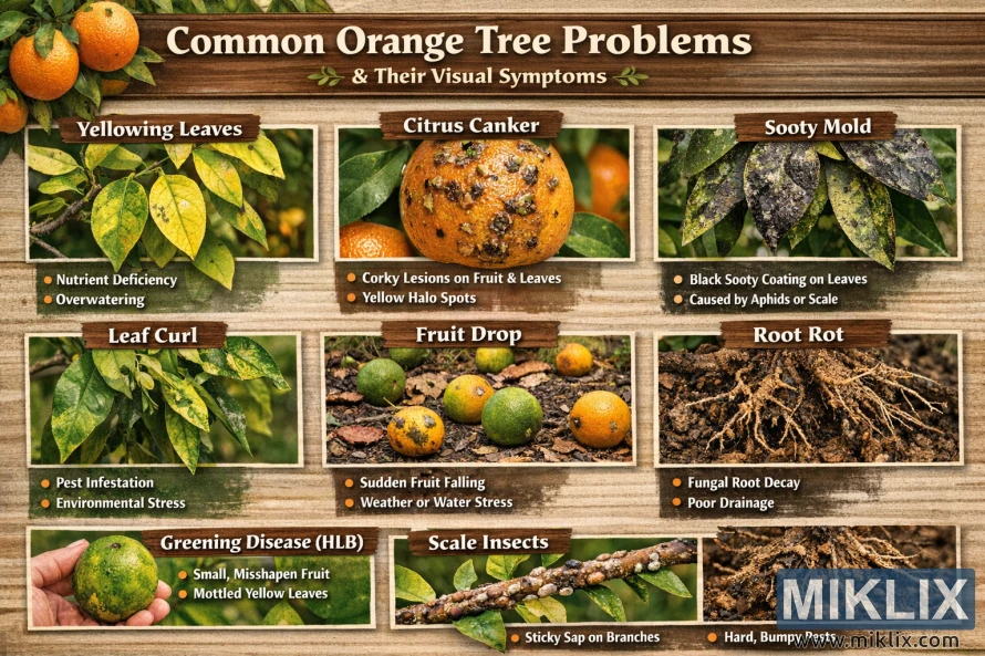 Landscape infographic showing common orange tree problems such as yellowing leaves, citrus canker, sooty mold, leaf curl, fruit drop, root rot, greening disease, and scale insects with visual examples and symptom notes.