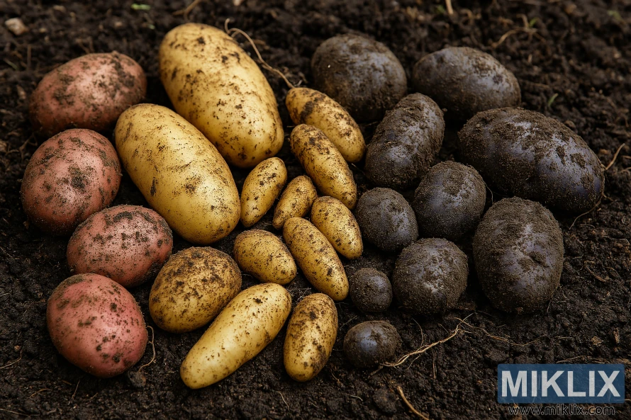 Assorted freshly harvested potatoes with soil clinging to them, displayed on garden earth