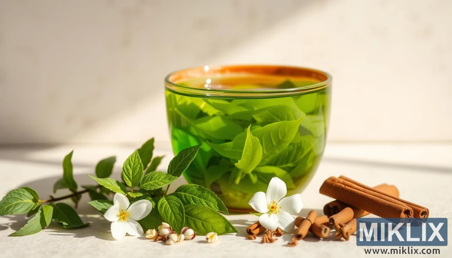 Gufandi bolli af grænu tei með jurtum og kryddi á lágmarksdökkum, mjúkum bakgrunni.