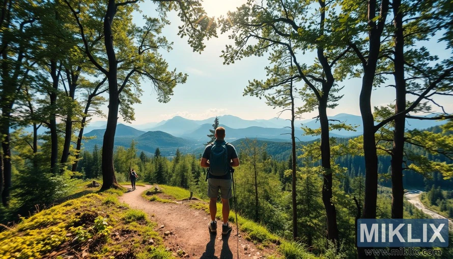 Pohodnik se ustavlja na zlato sončni gozdni poti z valovitimi hribi in oddaljenimi vrhovi.