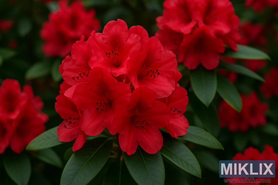 Close-up of crimson Nova Zembla rhododendron blossoms with glossy green leaves. Close-up of crimson Nova Zembla rhododendron blossoms with glossy green leaves.